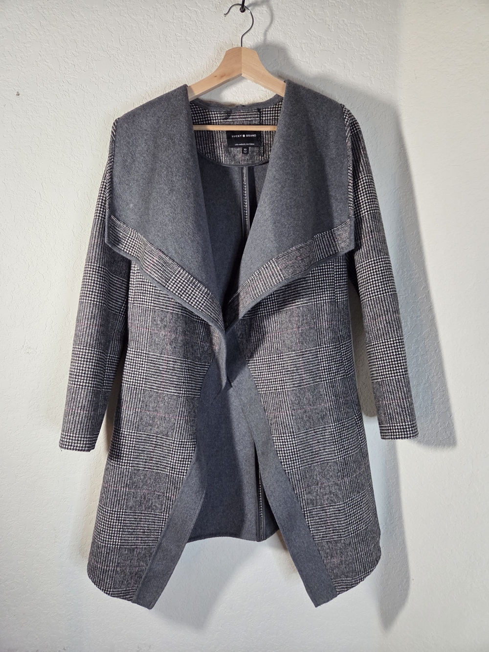 Lucky Brand Glen Plaid Waterfall Wool Blend Wrap Coat Gray Size XS - Picture 2 of 11